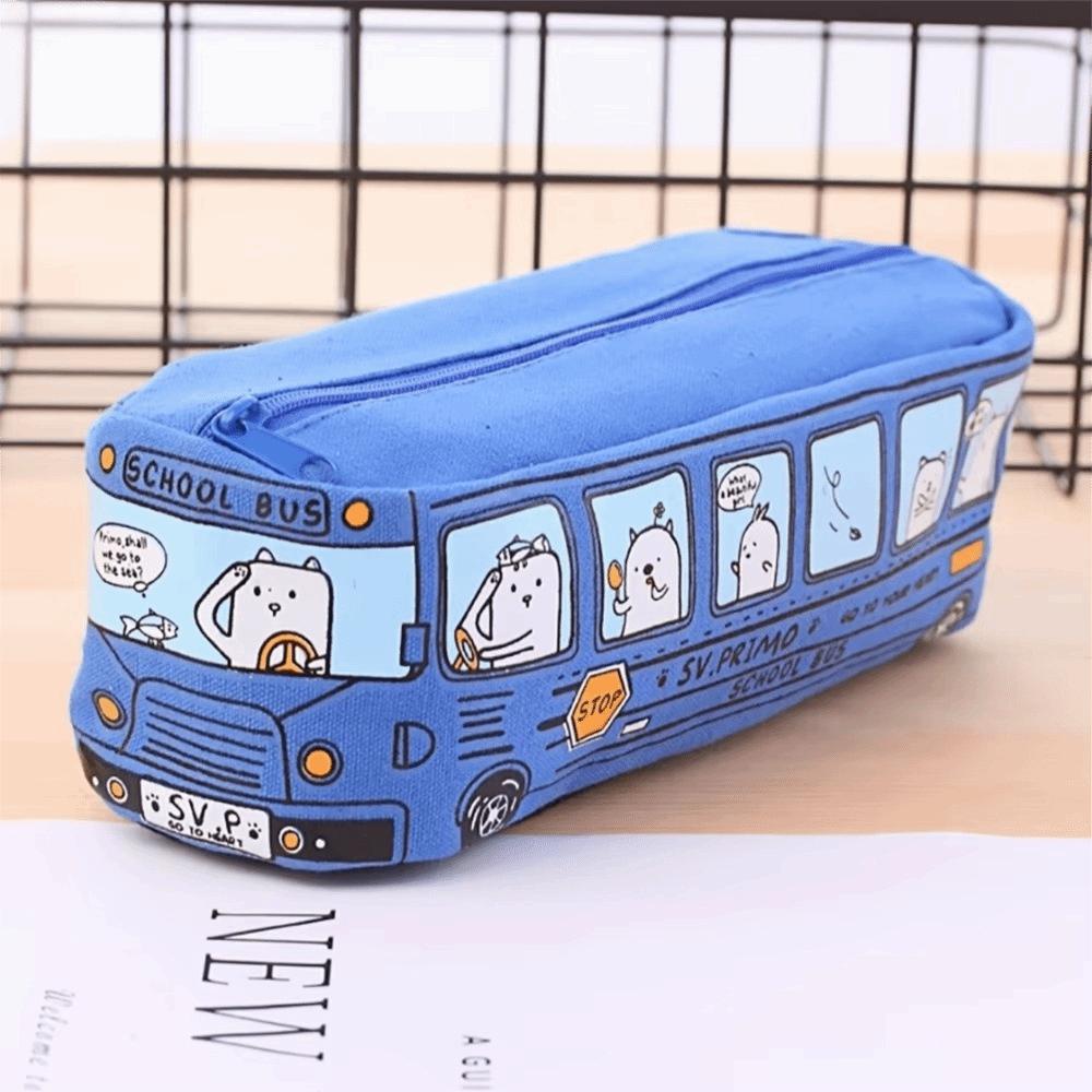 Zipper Closure School Bus Pencil Case Canvas Material Stationery Box Pen Bag Storage Use