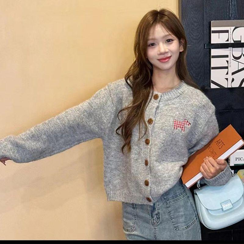 Puppy Applique Candy Color Sweet Long Sleeve Knit Cardigan Sweater Autumn and Winter New Women Clothes Idle Style Outerwear