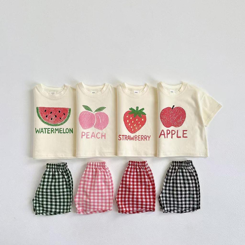Printed Fruit T-shirt Girls Two Piece Set Summer Clothes Fashion Korean Style Children Short Sleeve Tees + Plaid Shorts Outfits