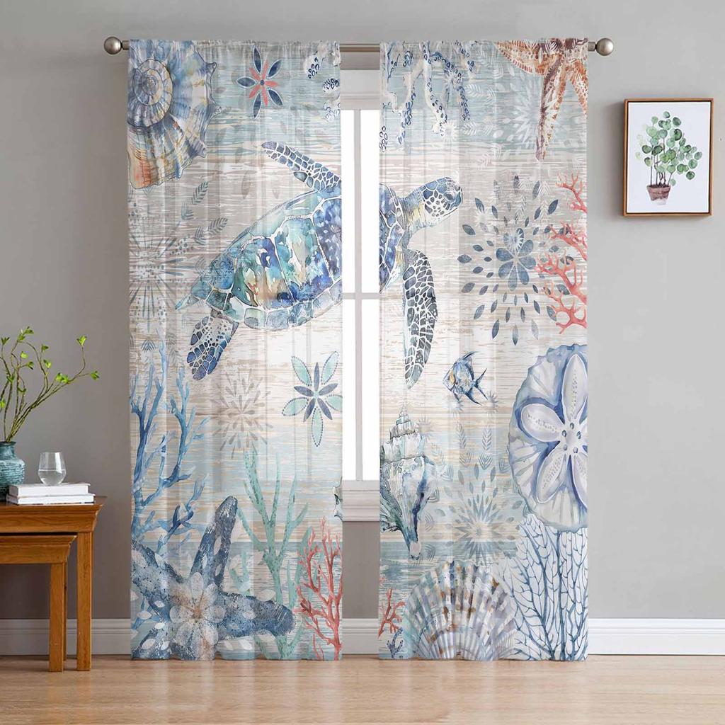 Marine Coral Shell Conch Vintage Blau Holzschildkröte Fenster Tüll Vorhänge für Wohnzimmer Hotel Luxus Dekoration Gardinen