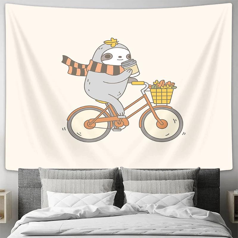 Cute Sloth Cycling Tapestry Forest Animal Wall Hanging Bohemian Home Decor Dorm Room Aesthetic Room Decor Nature Wall Art Gift