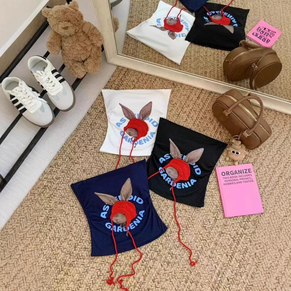 Sleeveless Bandeau Top for Women with Built - In Bra Featuring Little Red Riding Hood Rabbit and Letter Prints. Slim - Fitting Spicy Girl Inner