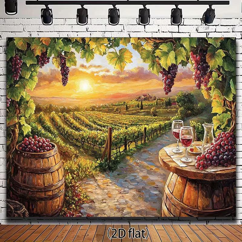 

Sunset Vineyard Oil Painting Tapestry, Wine Barrel & Grape Wall Hanging 47.2x31.5inch/120*80cm