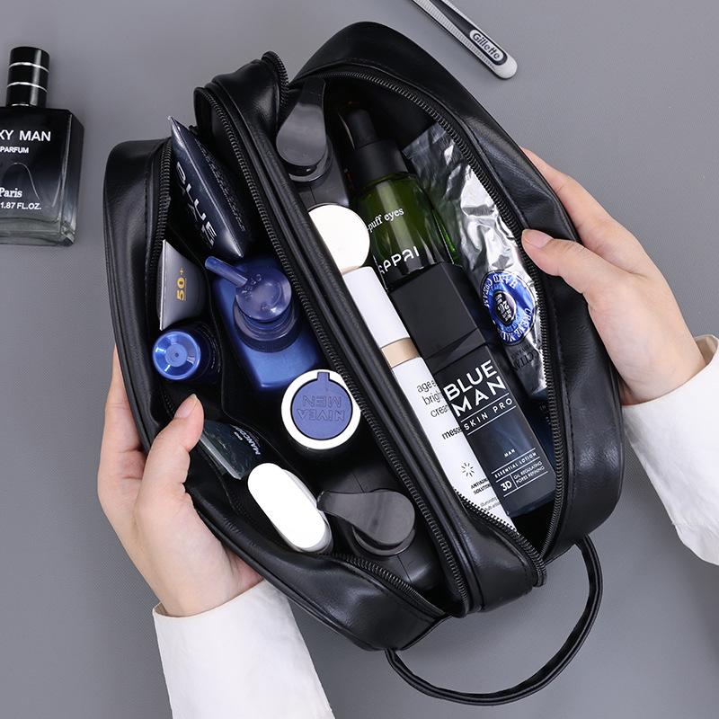 Men's Luxury Double-Layer Toiletry Bag - Large Capacity, Portable, Waterproof Makeup & Cosmetic Storage.