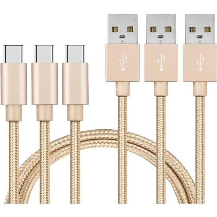 USB-C Cable for Xiaomi POCO X3 NFC - POCO X3 PRO - POCO M3 - POCO F3 - Type USB-C Nylon Braided Gold 1 Meter [LOT 3] Phonillico®