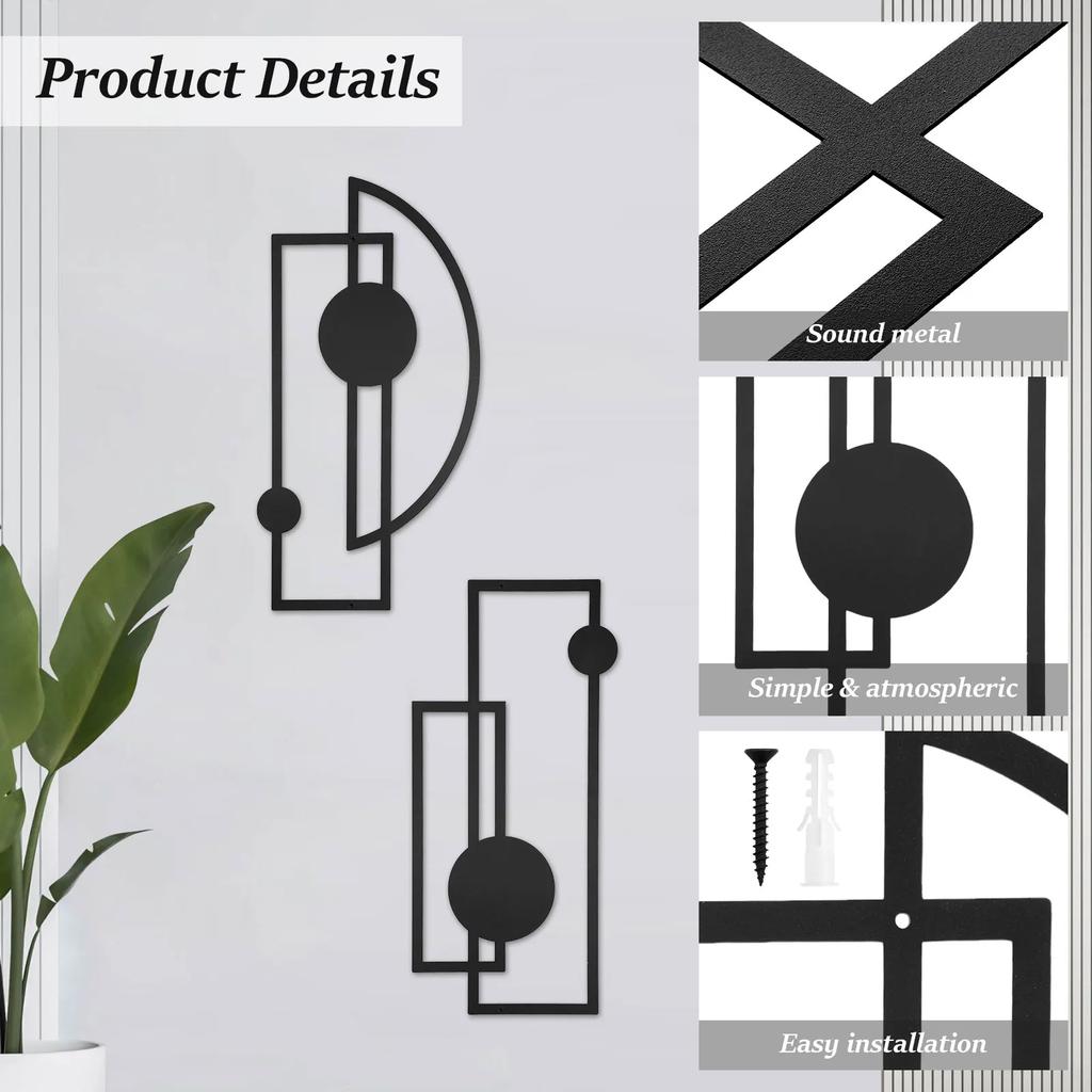 2 Pezzi Arte da Parete Astratta in Metallo Nero Decorazione Minimalista Verticale Decor Geometrico Moderno Sculture Testurizzate 3D per Soggiorno