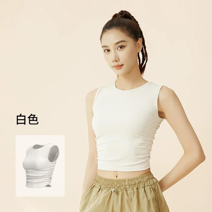 

Summer new pleated sleeveless sports vest waist slim yoga women s top L белый