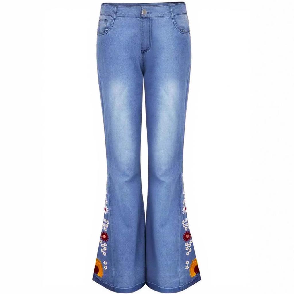 Women's High Waisted Floral Embroidered Flared Jeans Stretchy Slim Fit Vintage Retro Bootcut Full Length Hip Lifting Casual Denim Trousers