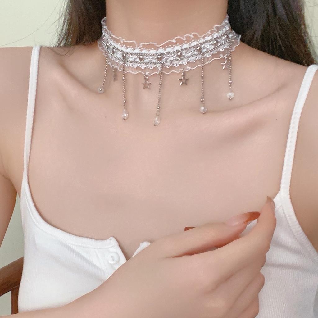 Star tassel pendant white lace collarbone chain choker collar necklace light luxury high-end jewelry women