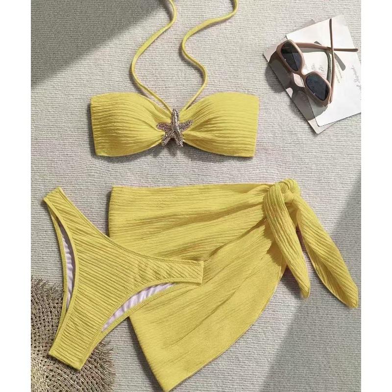 3 Piece Starfish Bandeau Bikini Set with Sarong Women's Textured Black Swimwear