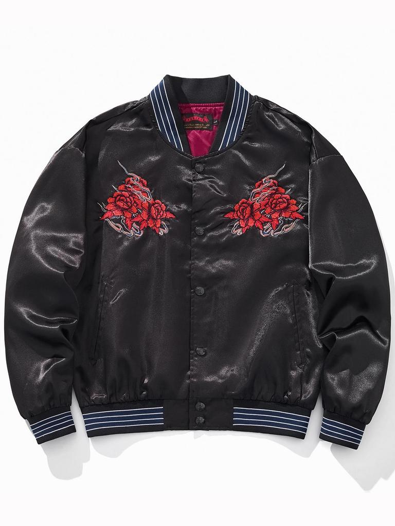 Huaxia Junpin Blaue Krähe mit gestickter Rose Baseballjacke für Herren