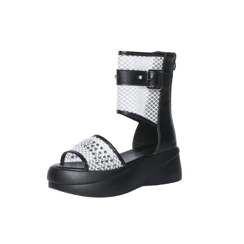 

Женские босоножки с сетчатым верхом на платформе с застежкой-молнией и стразами. Женская обувь. Платье. Обхват каблука. Индивидуальные римские сандалии. Женские босоножки. 39 покинуть белый