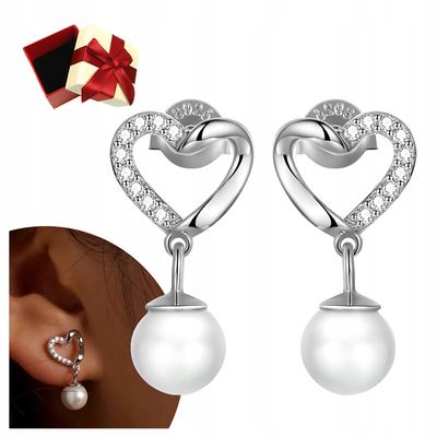 Heart Earrings With Pearl And Cubic Zirconia S925 Hanging Long Movable