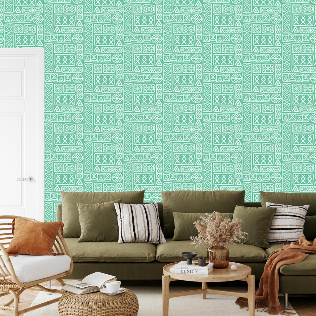 Polynesian Geometric Pattern Wallpaper Mint and Sea 50x1000