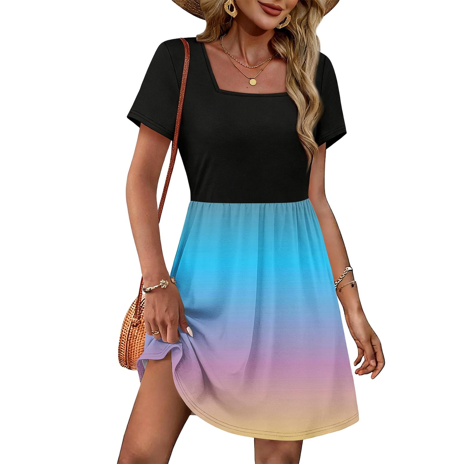 Women s Fashionable Casual Square Neck Retro Print Summer Dress L синий