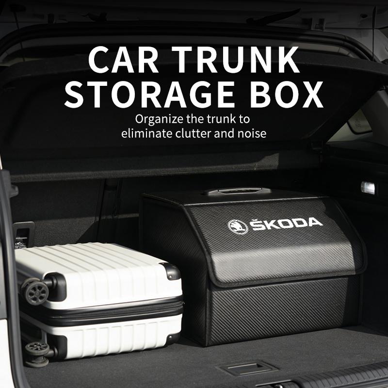 AAAAT1 For Skoda Leather Car Trunk Storage Box Multifunctional Tool Organizer Bag VRS Octavia 1 2 3 Rapid Kodiaq Karoq Fabia Kamiq