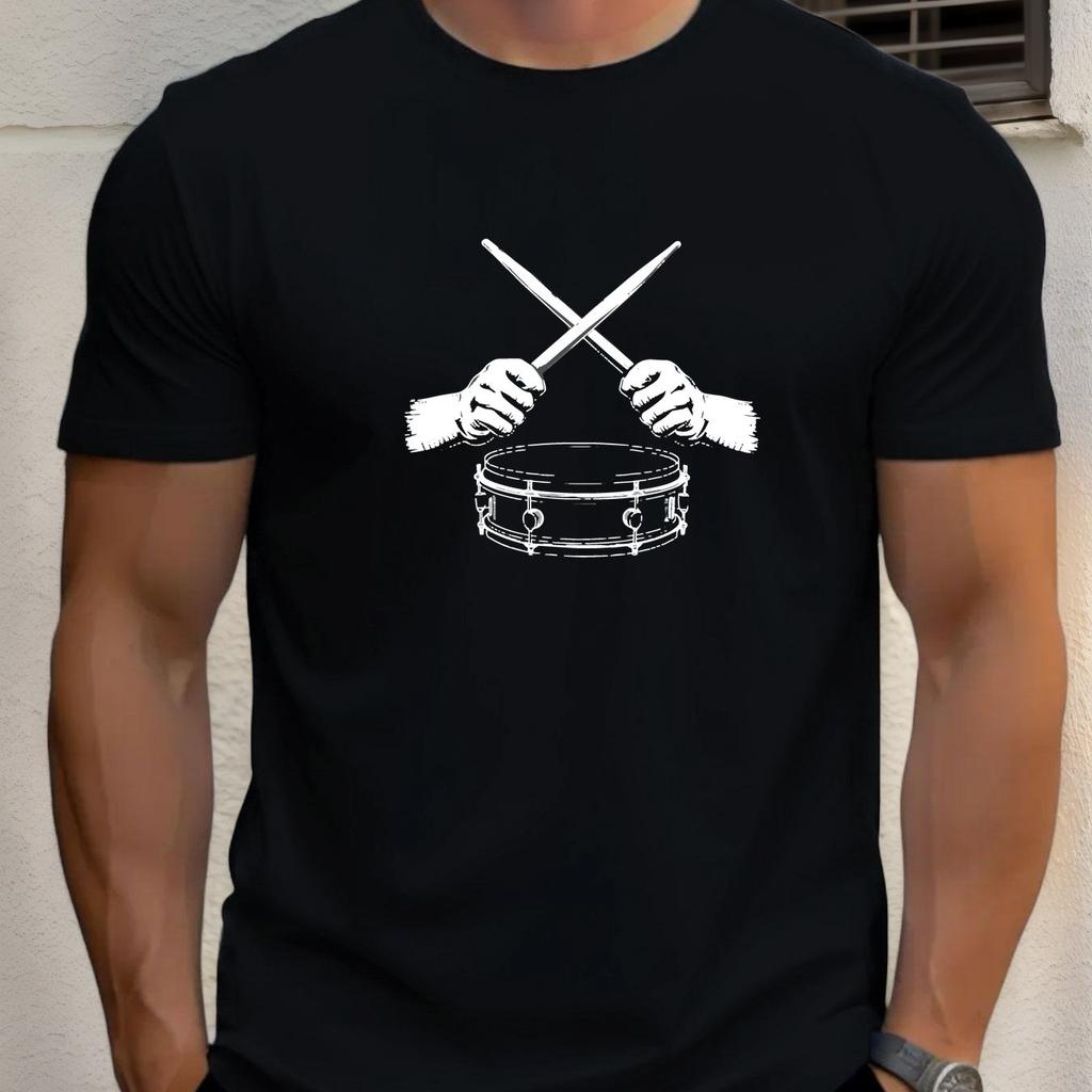 Men Drumming Graphic Casual T-Shirt Green with White Drumsticks Cymbals Print Summer Short Sleeve Round Neck