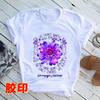 European American Purple Flower Print T-shirt Short Sleeve Harajuku Style Creative Pattern Top  Casual Summer polyester fabric