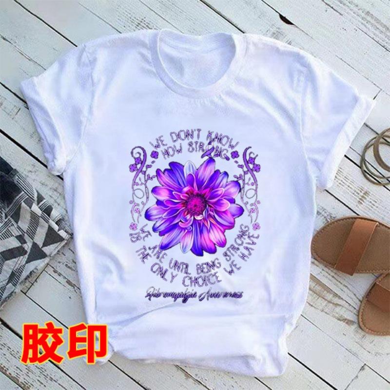 European American Purple Flower Print T-shirt Short Sleeve Harajuku Style Creative Pattern Top Casual Summer polyester fabric