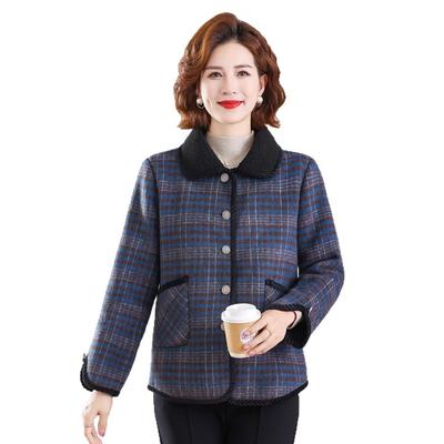 Stylish Plaid Fleece-Lined Winter Jacket for Middle-Aged Women: Warm, Short, Woolen Cotton Outerwear
