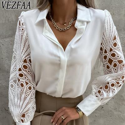 Damenmode Casual Sommer Frühling Einfarbig Druck Spitze Langarm POLO Hals Blusen & Hemden