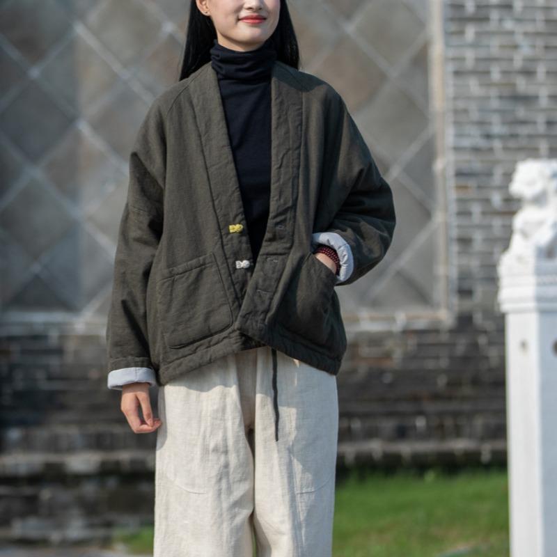 Winter New Cotton and Linen Women's Clothing Literary and Retro Disc-buckled Cotton-padded Top Women's Linen Warm Short Cotton-padded Clothes