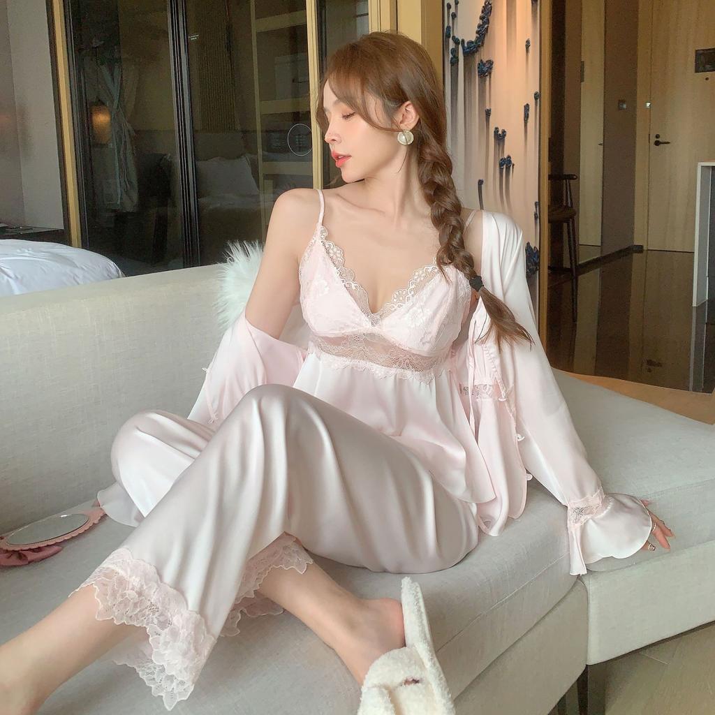 Sexy Pajamas Women's Ice Ribbon Chest Pad Lace Pure Desire Suspender Pajamas Three-piece New Loungewear