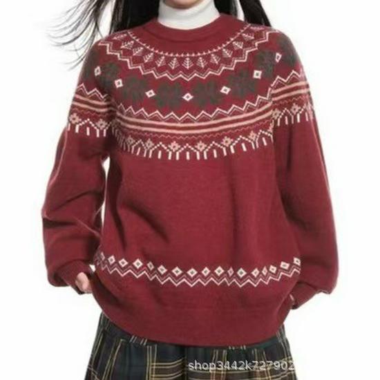 

Fair Isle Ethnic Style Men s Round Neck Sweater - Trendy Brand, Warm, Versatile Knit for Autumn/Winter, Couples, Christmas. XL червоний