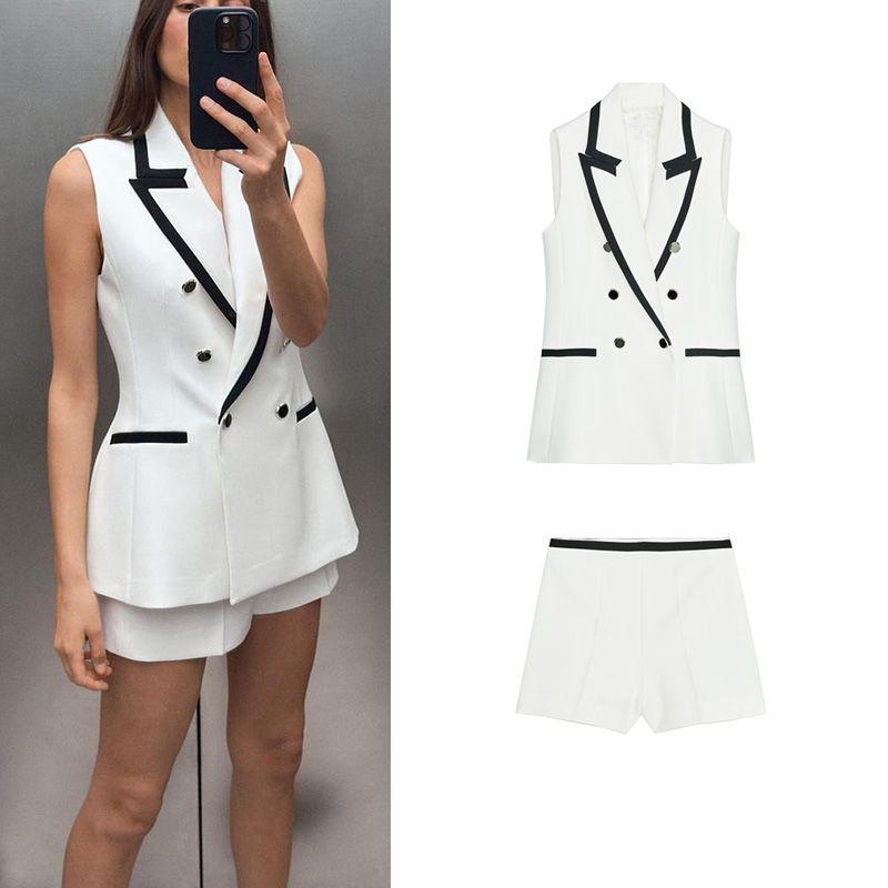 Women's Contrast Color Trim Lapel Sleeveless Vest 3306593 Casual High Waist Wide Leg Shorts 3285593