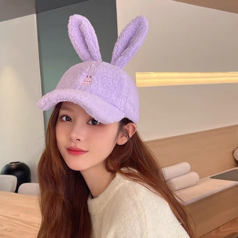 

Plush baseball cap female creative cute rabbit ear hat autumn and winter face small versatile lamb wool cap tide фіолетовий