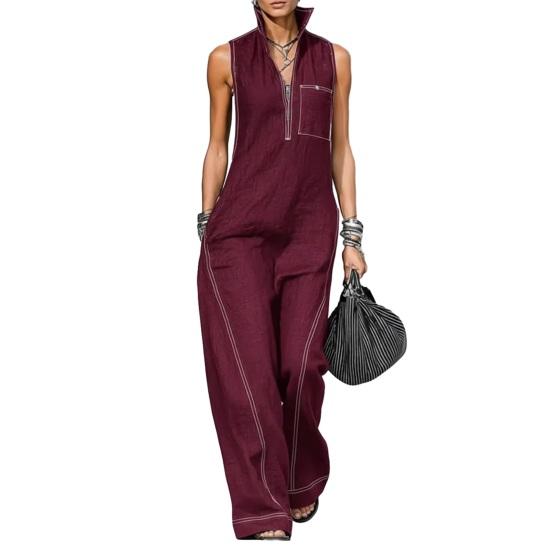 Damski kombinezon bez rękawów, casualowy, długie spodnie, romper z kieszeniami, letni, zapinany na zamek, ze stójką, jednoczęściowy kombinezon