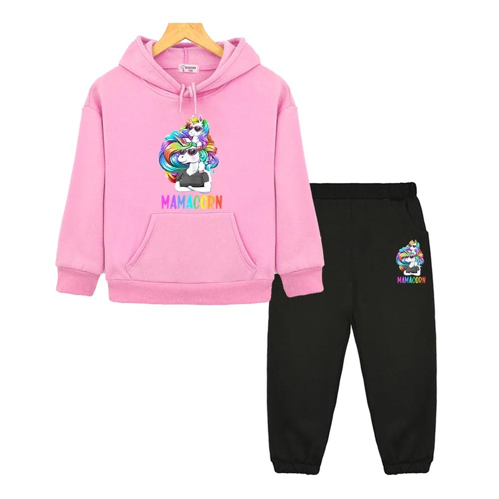 Boys Girls Hooded Sets Unicorn Print Kawaii Anime Hoodie Fleece Sweatshirt Autumn Pullover Cartoon Jacket  Kids Boutique Clothes 2PCS  Children's Suit