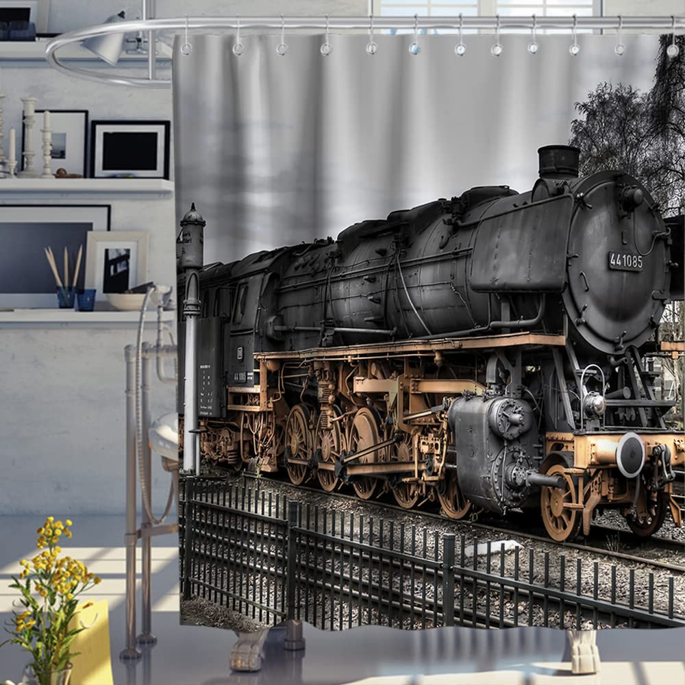 Vintage Industrial Steam Engine Shower Curtain Antique Old Times Locomotive On Rail Road Retrotrain Station Bathroom Curtain