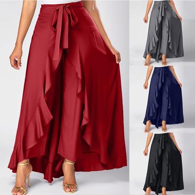 Damen Casual Double Layer Wide Leg Culottes Unregelmäßige Rüschen Lange Hosen