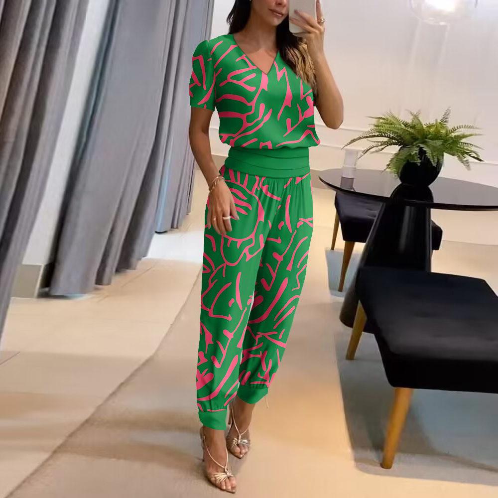 Polyester Geometric Print Casual Pantsuit For Womens Summer Office Wear