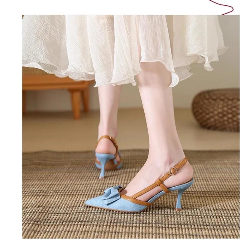 Fashion Pointed Heel Sandals Velvet Shoes Suit Female Beige 2025 Women's Suede Low Closed Denim Black Fashion Real Girls Stiletto Retro