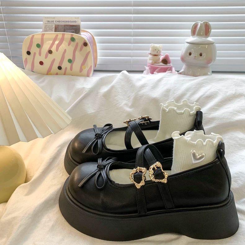 Vintage Round Head Heightening Lolita Small Leather Shoes Women's 2025 Autumn Sweet Bow Versatile Mary Jane Single Shoes