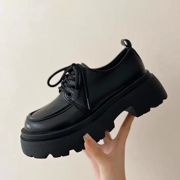 Black lace-up small leather shoes women's college style new versatile thick-soled heightening single shoes tide