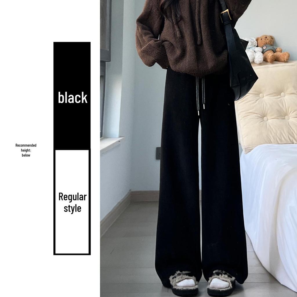 Women's High-Waisted Corduroy Pants - White Fluffy Lambswool, Wide-Leg, Plus Velvet Thickened & Slimming for Autumn/Winter
