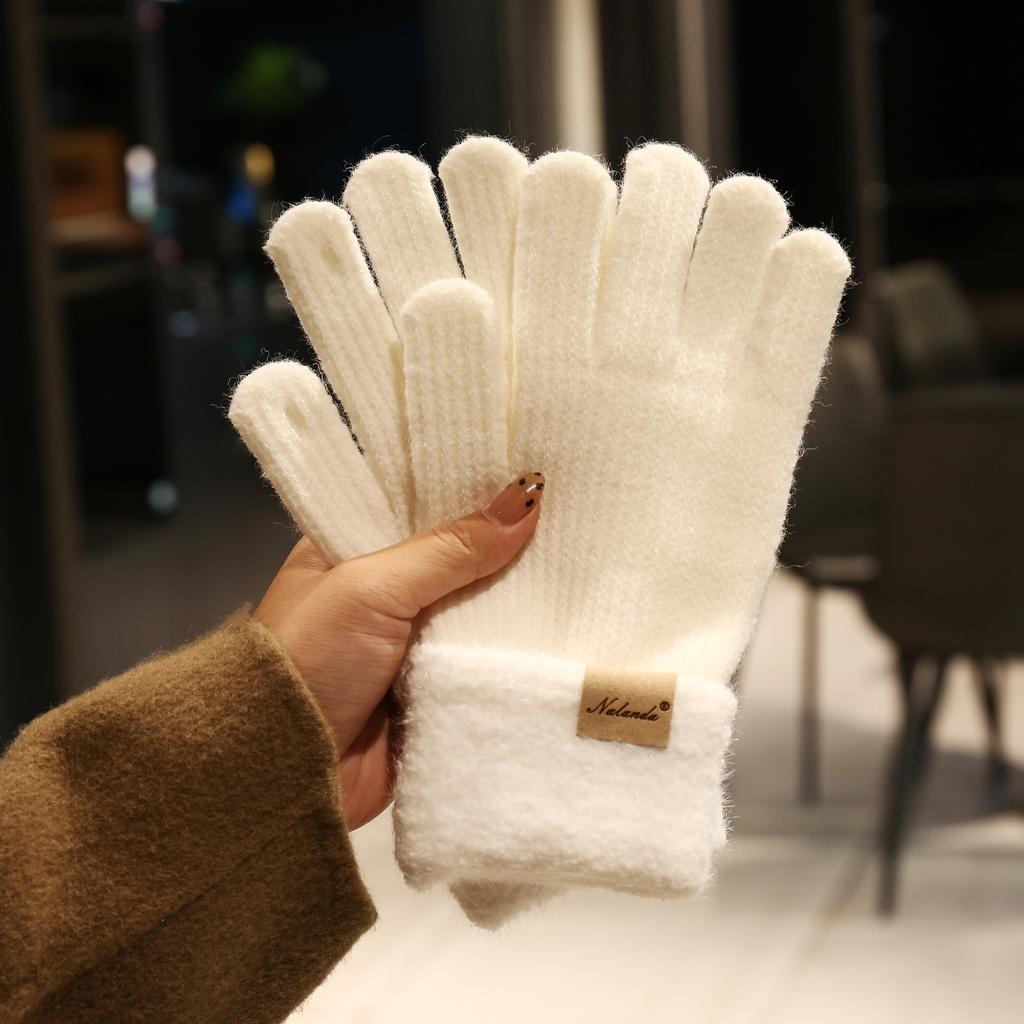 New Women's Thickened Thermal Gloves Winter Simple Plush Splicing Versatile Dew Finger Knitted Gloves