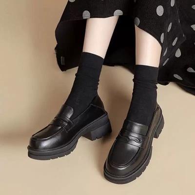 Kleine Lederschuhe Damen Plateau Herbst Neu Ein-Pedal Dicke Absätze Runde Spitze Trendig Zwei Tragemöglichkeiten