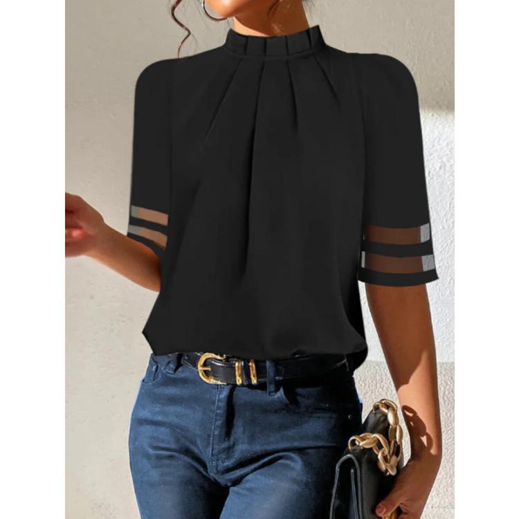 Women Loose Solid Color Casual High Neck Seven Quarter Sleeve Blouse S чёрный