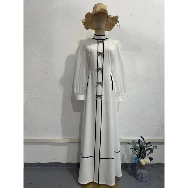 

Fashion Wind New Arrival Bows Decoration Patchwork Half Turtleneck Dress Lantern Sleeve Bow Dress White XL
