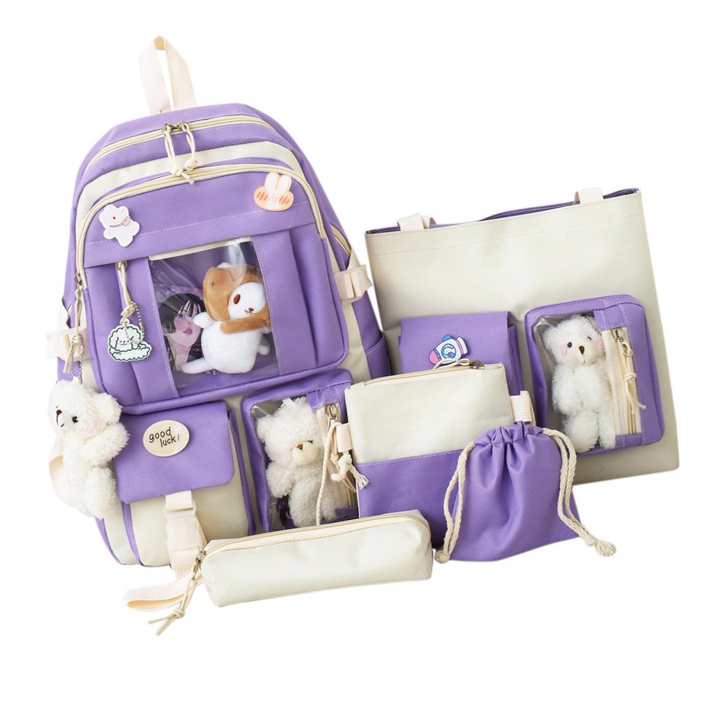 5 stk Ryggsekksett Student Søt Skoleryggsekk Messenger Bag Skulderveske Penal Håndveske Svart