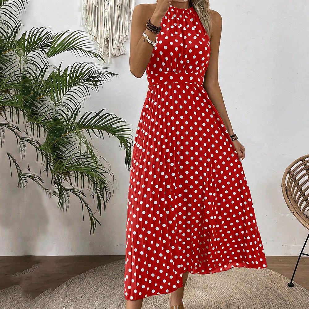 European and American Women's Clothing Spring and Summer Fashion Printing Polka Dot Round Neck Long Dress Women's Dress