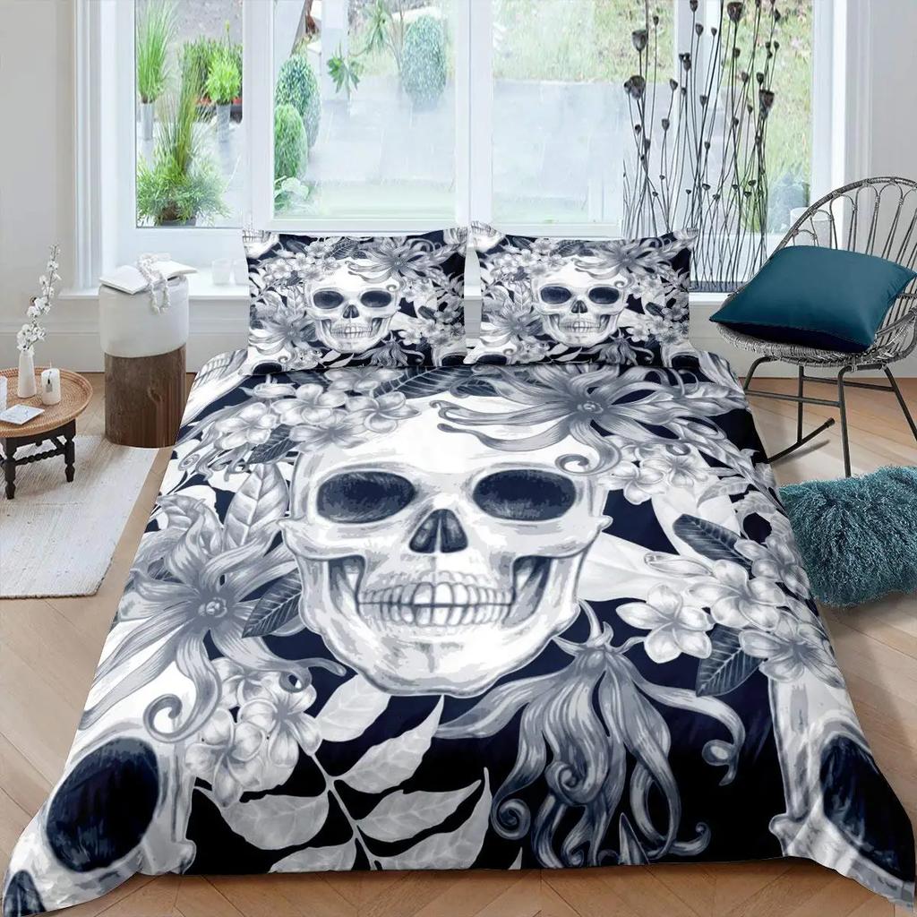 Sugar Skull King Queen Duvet Cover Vintage Skeleton Girl Gothic Day of The Dead Bedding Set Halloween Rose Polyester Quilt Cover
