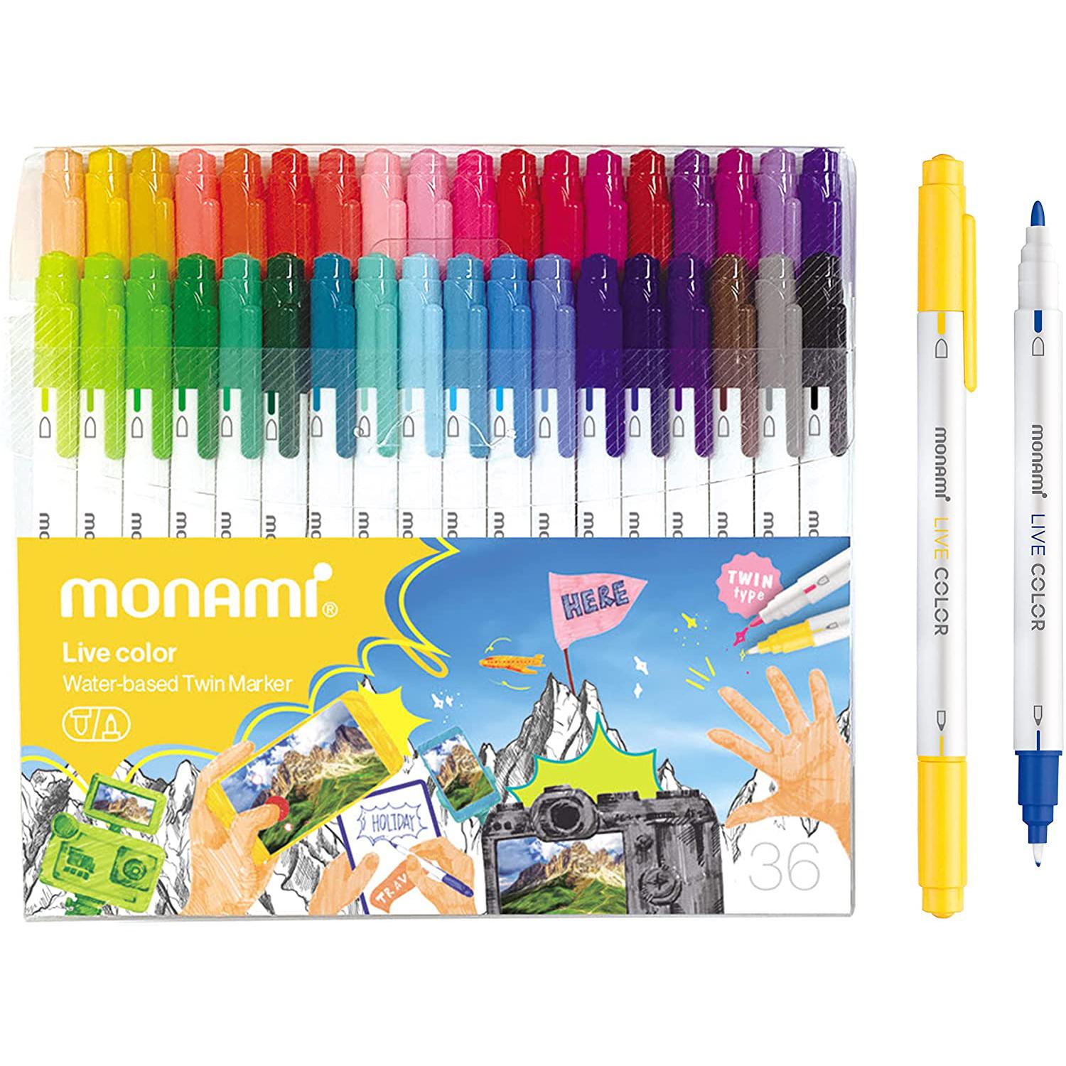 

Monami Live Color Pen Set Двойной маркер на водной основе, маркер с двойным наконечником Fine & Bullet для раскрашивания, рисования 36C-Pack
