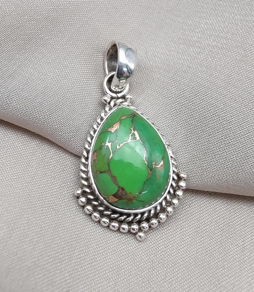 Green Copper Turquoise Pendant: Sterling Silver Boho Necklace