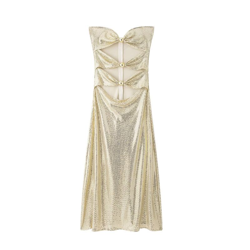 

Kaslead New Arrival Women s Fashion Style Fashion Shining Diamond Evening Wear Tube Top Tie Knot Hollow Dress Dress Image color L