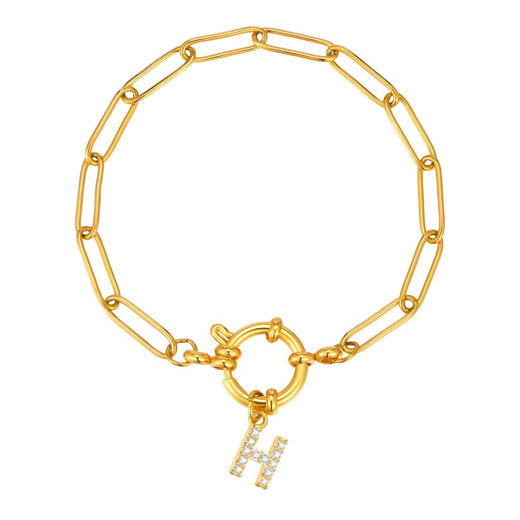 Bubble Buckle Zircon Initial A-Z Charm Bracelet, Stainless Steel Square Chain Bracelet for Women, 26 Letters Alphabet Jewelry
